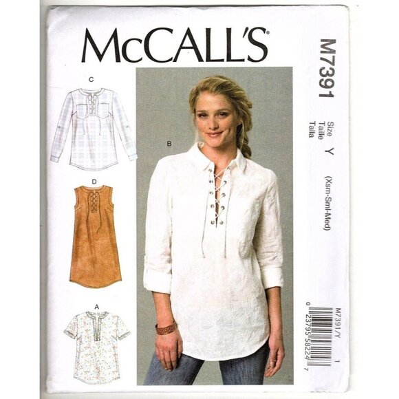 McCall's M7391 Misses XS to M Laced or Split-Neck Tops Uncut Sewing Pattern - Picture 1 of 3